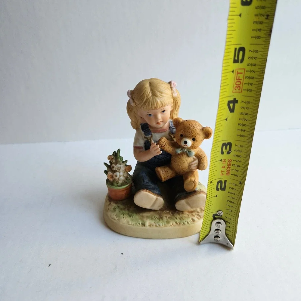Vintage Homco Denim Days Figurine 1504 Girl with Teddy Bear and Flower Pot 1985